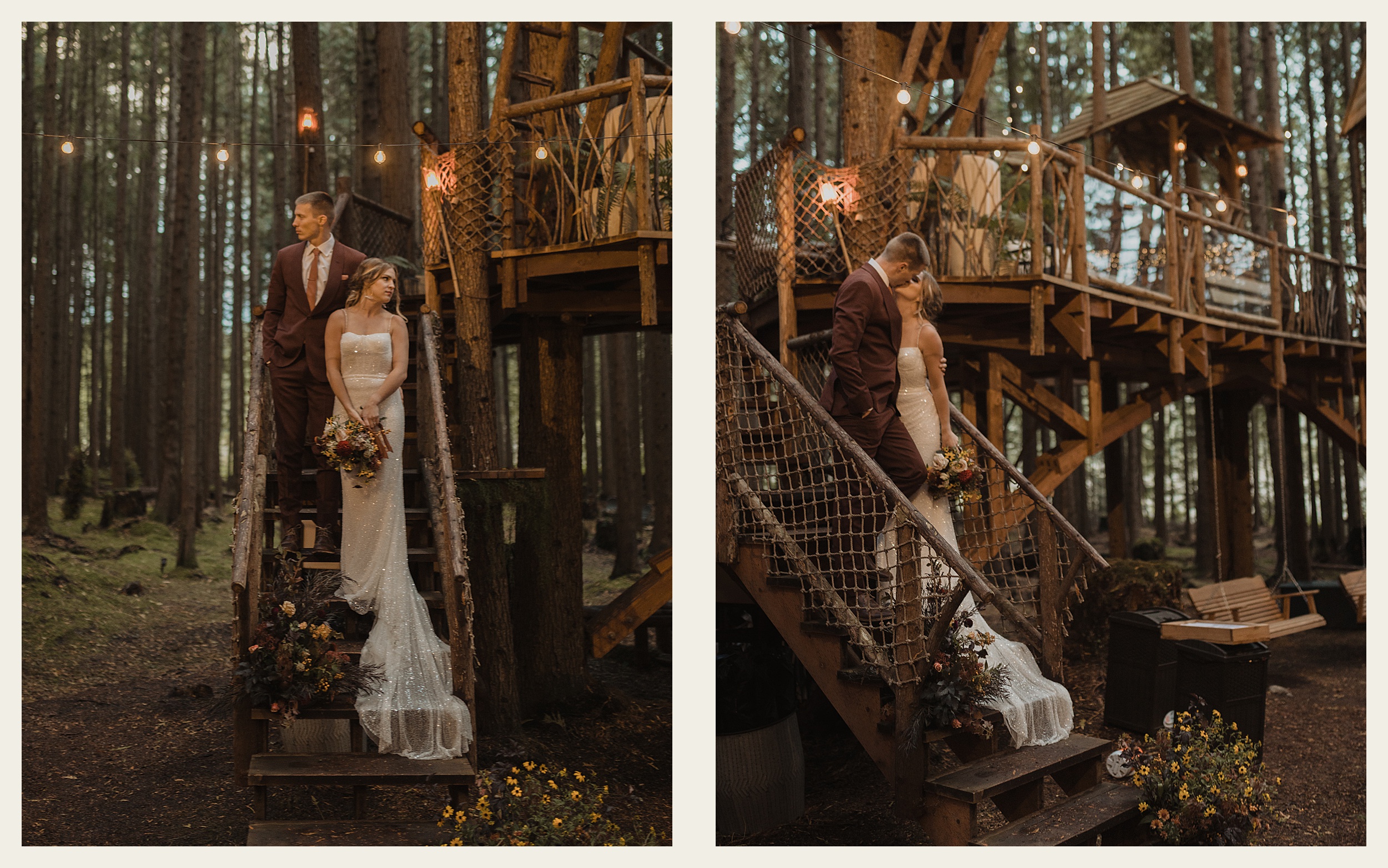 bride and groom standing on stairs treehouse and emerald forest landscape

