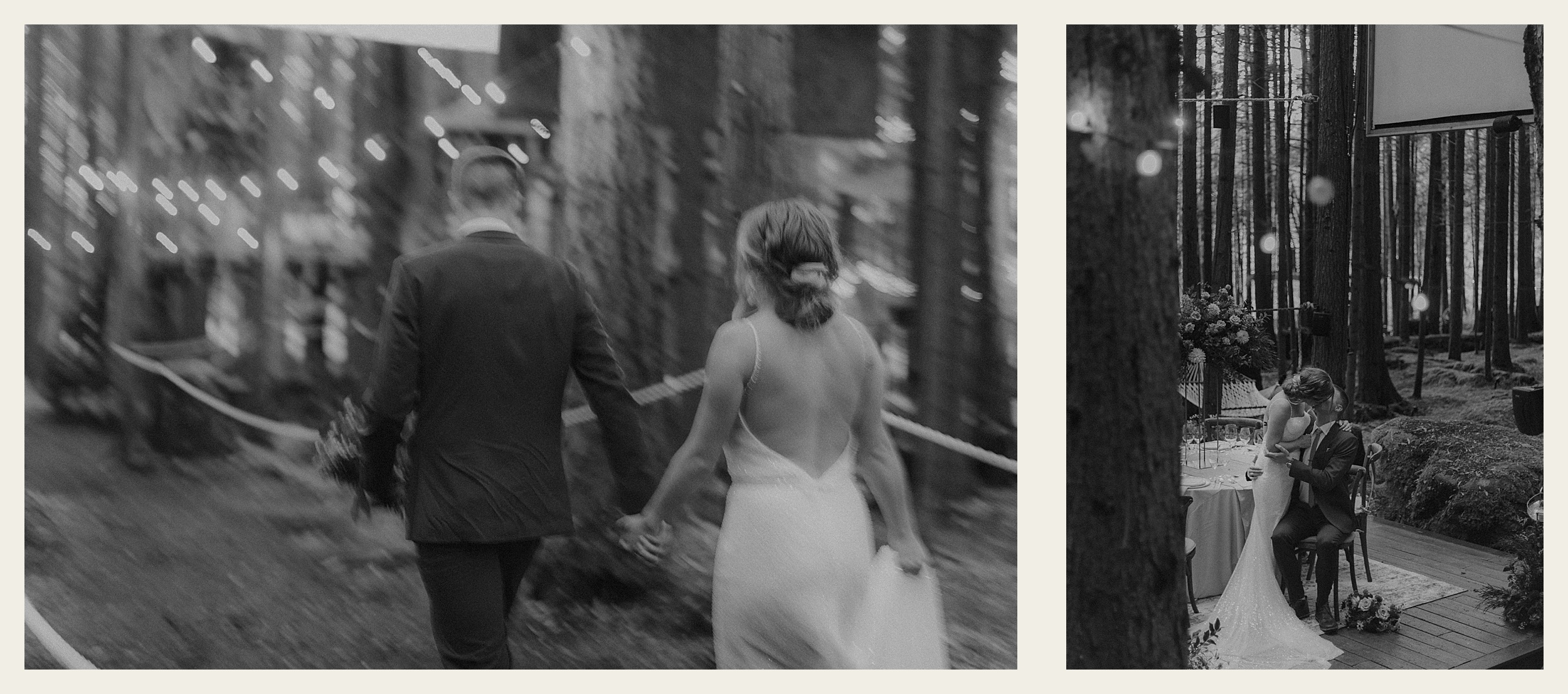 bride and groom walking together treehouse and emerald forest landscape

