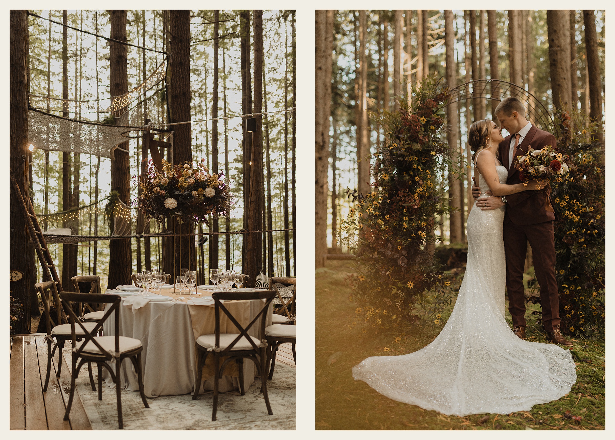 bride and groom holding each other
treehouse and emerald forest landscape
