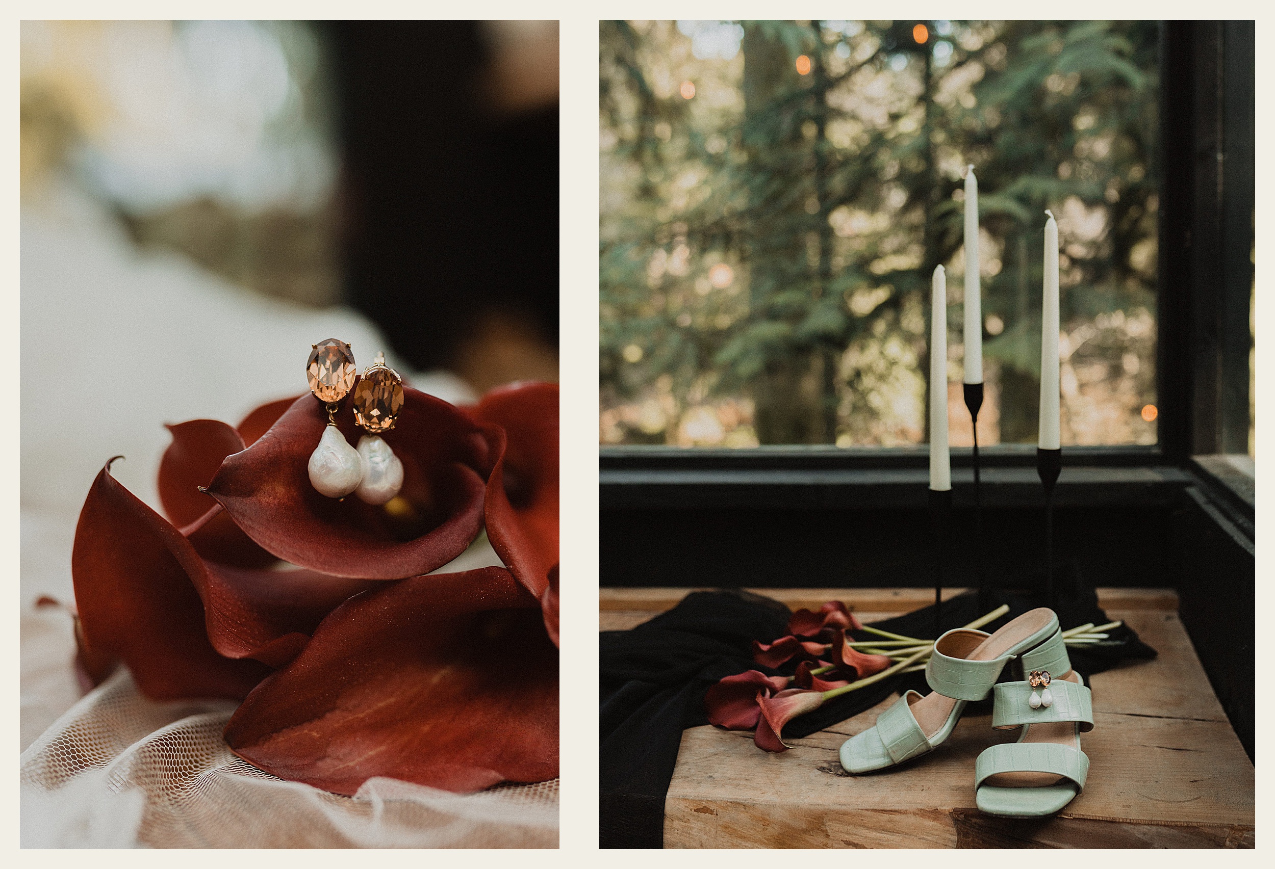 detail photo of flowers, earrings and shoes