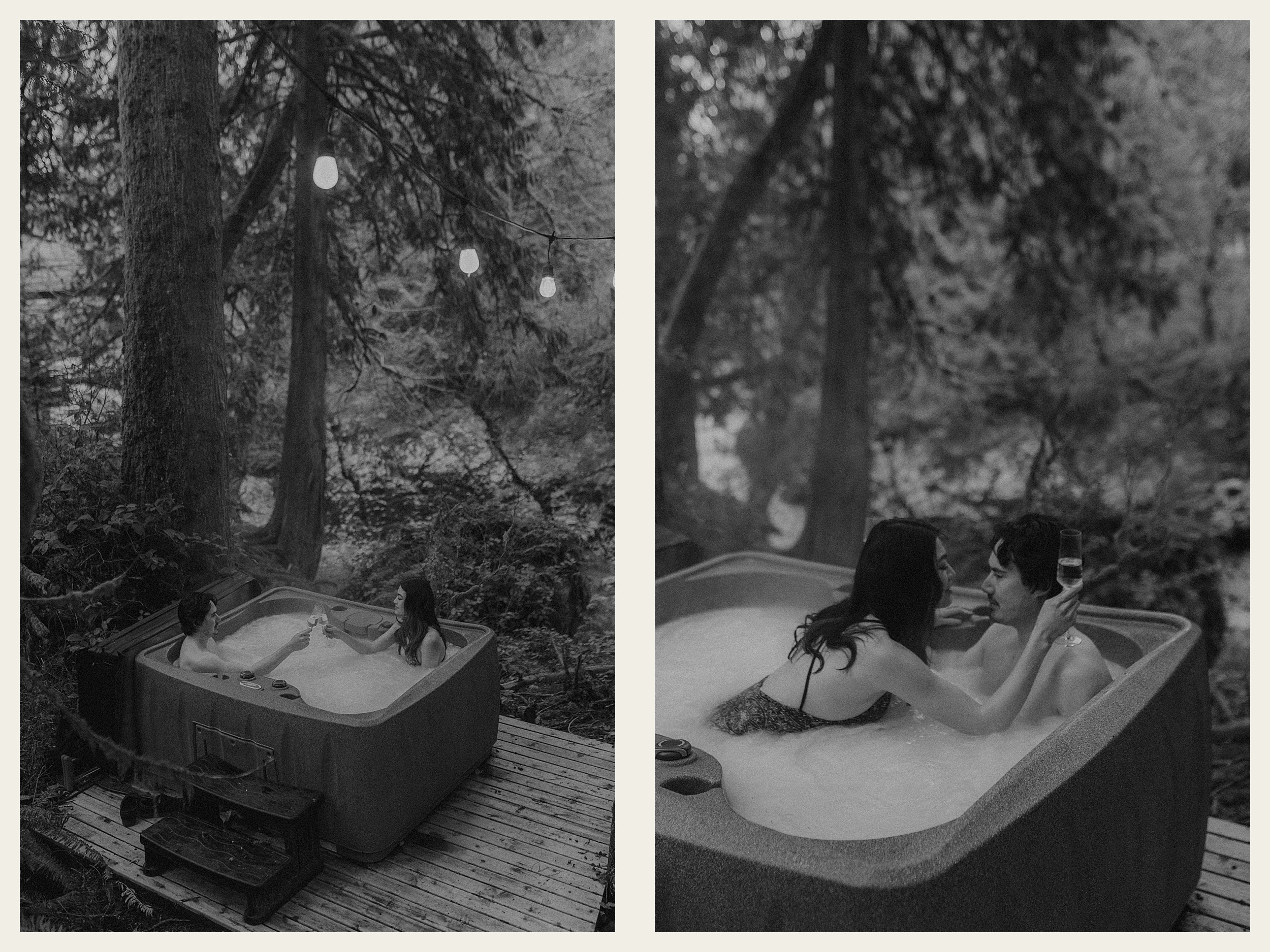 bride and groom drinking champagne in hot tub granite falls landscape
