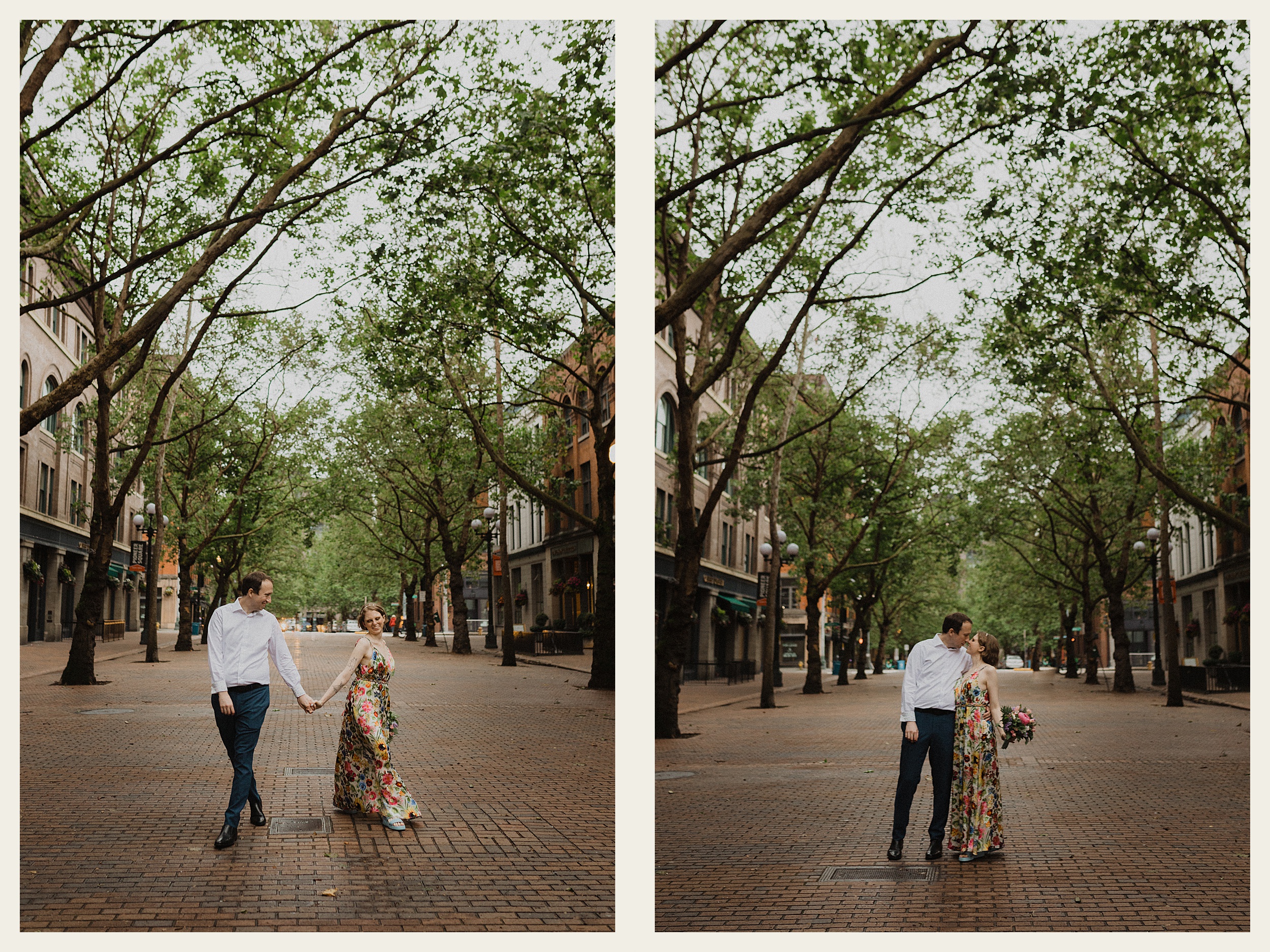 bride and groom walking together pioneer square landscape

