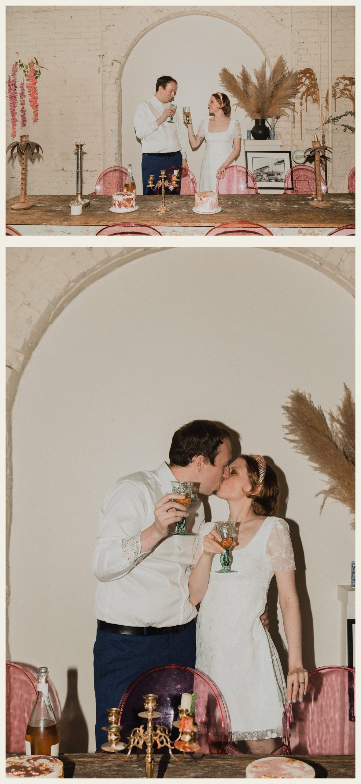 bride and groom drinking together banana stand studio


