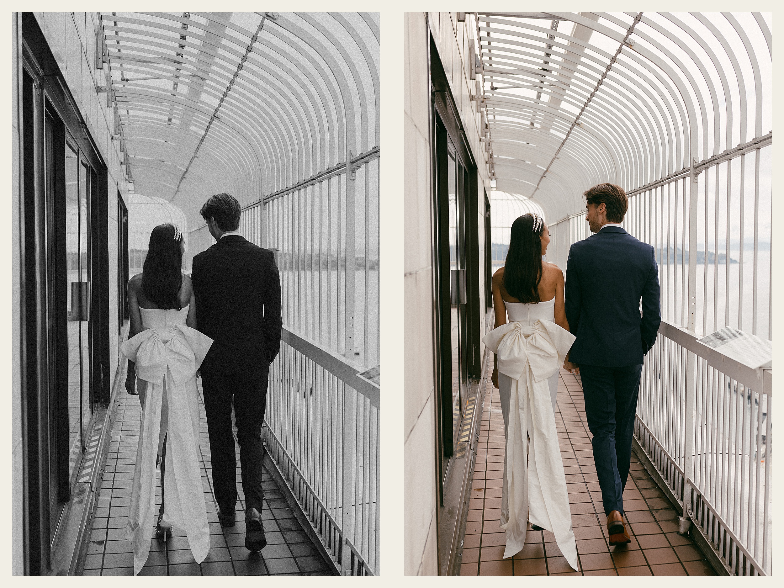 bride and groom walking together hallway downtown seattle