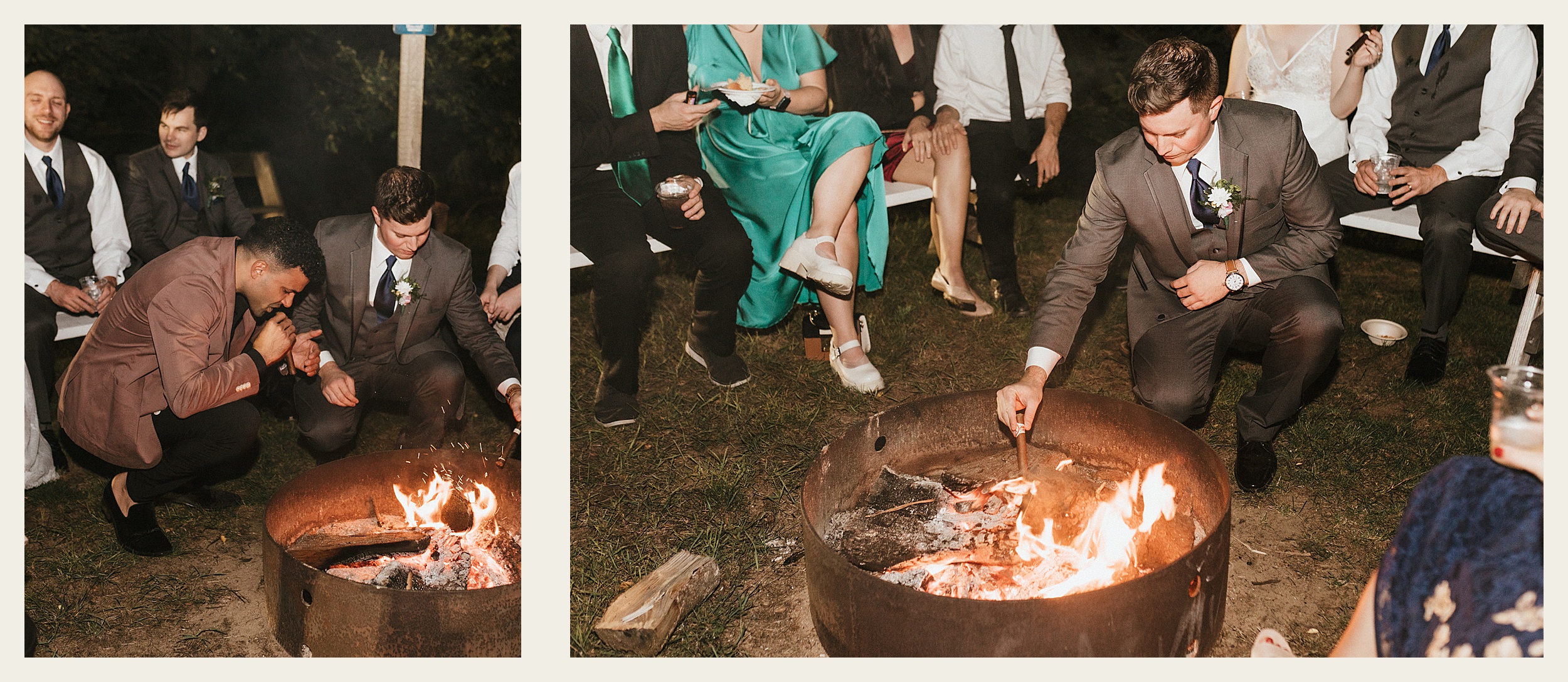 wedding party sitting around fire