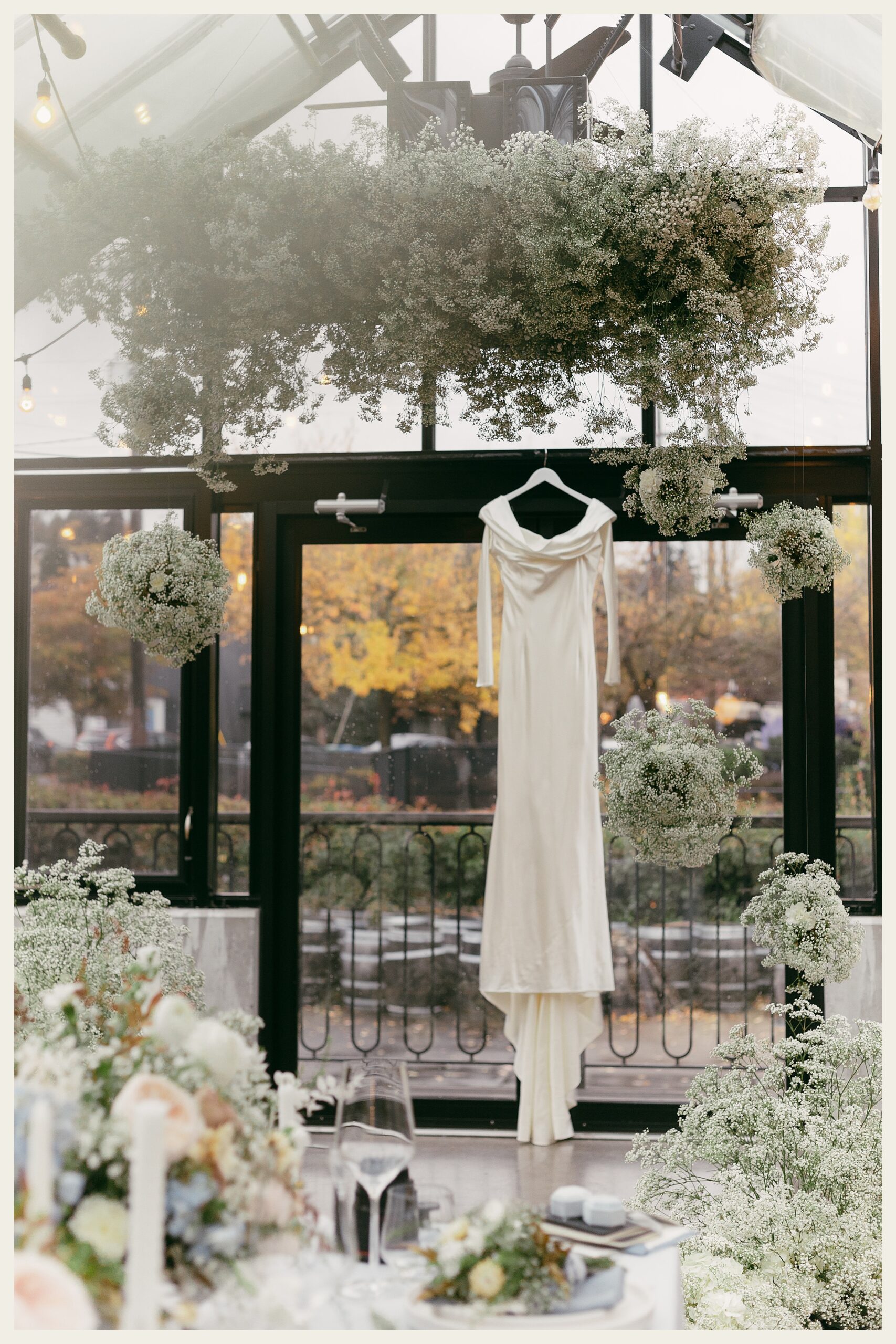 brides dress at the greenhouse at almquist 
