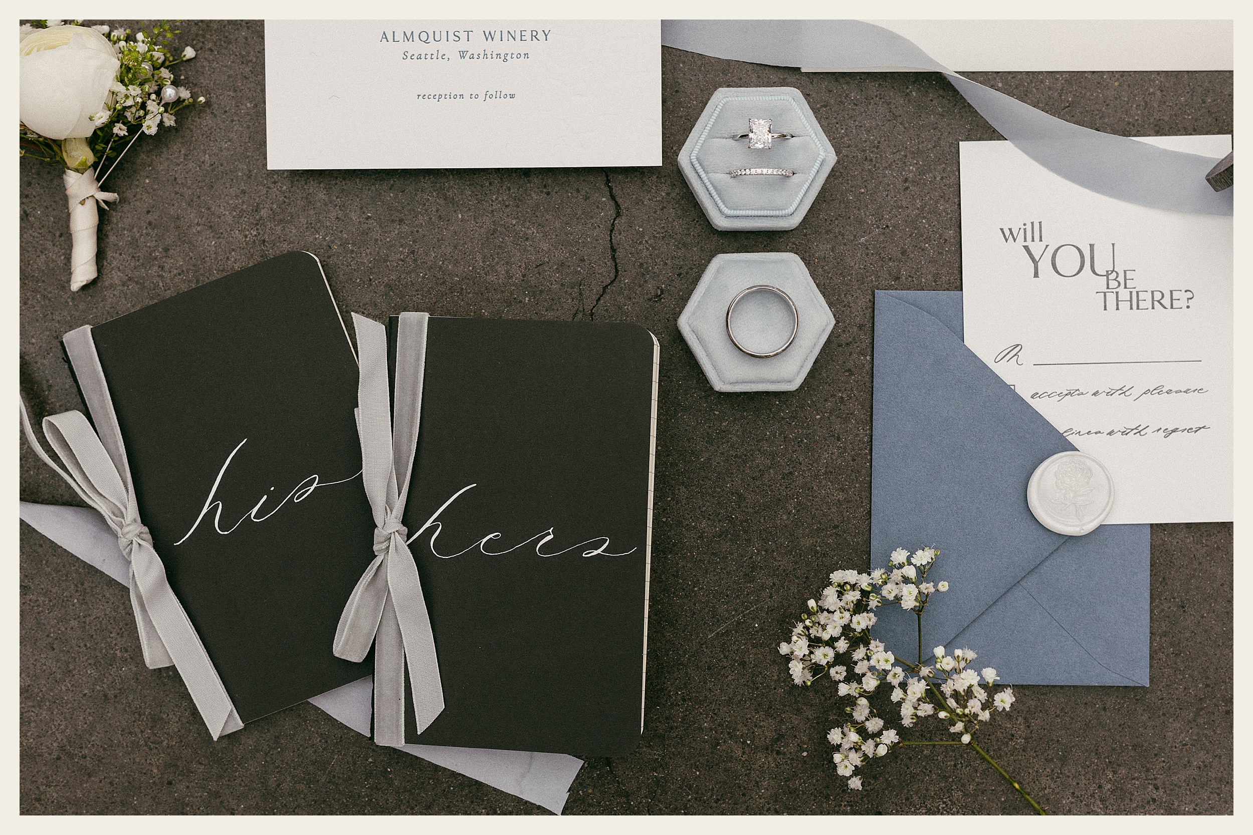 wedding favors, vows, envelopes, rings and flowers