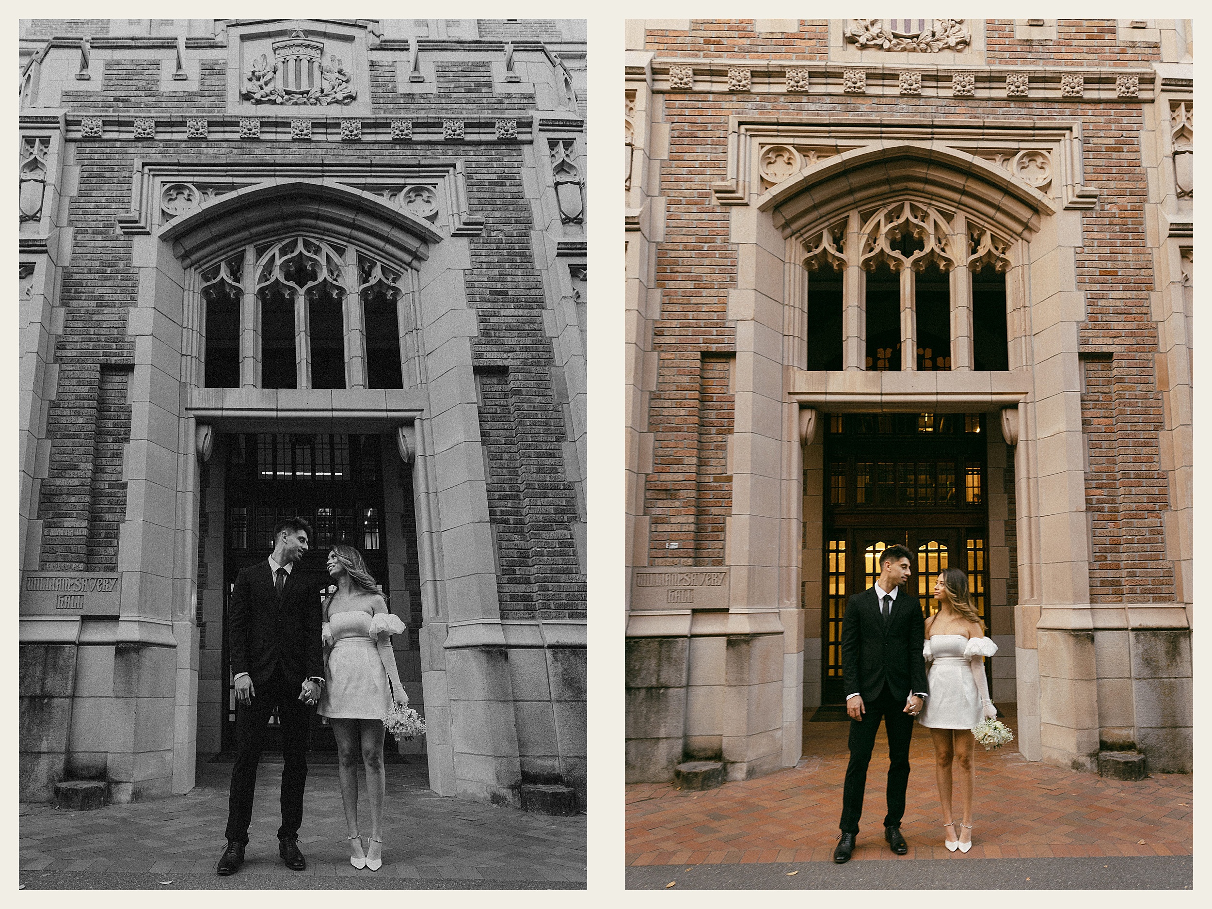 bride and groom standing outside UW suzzallo library 