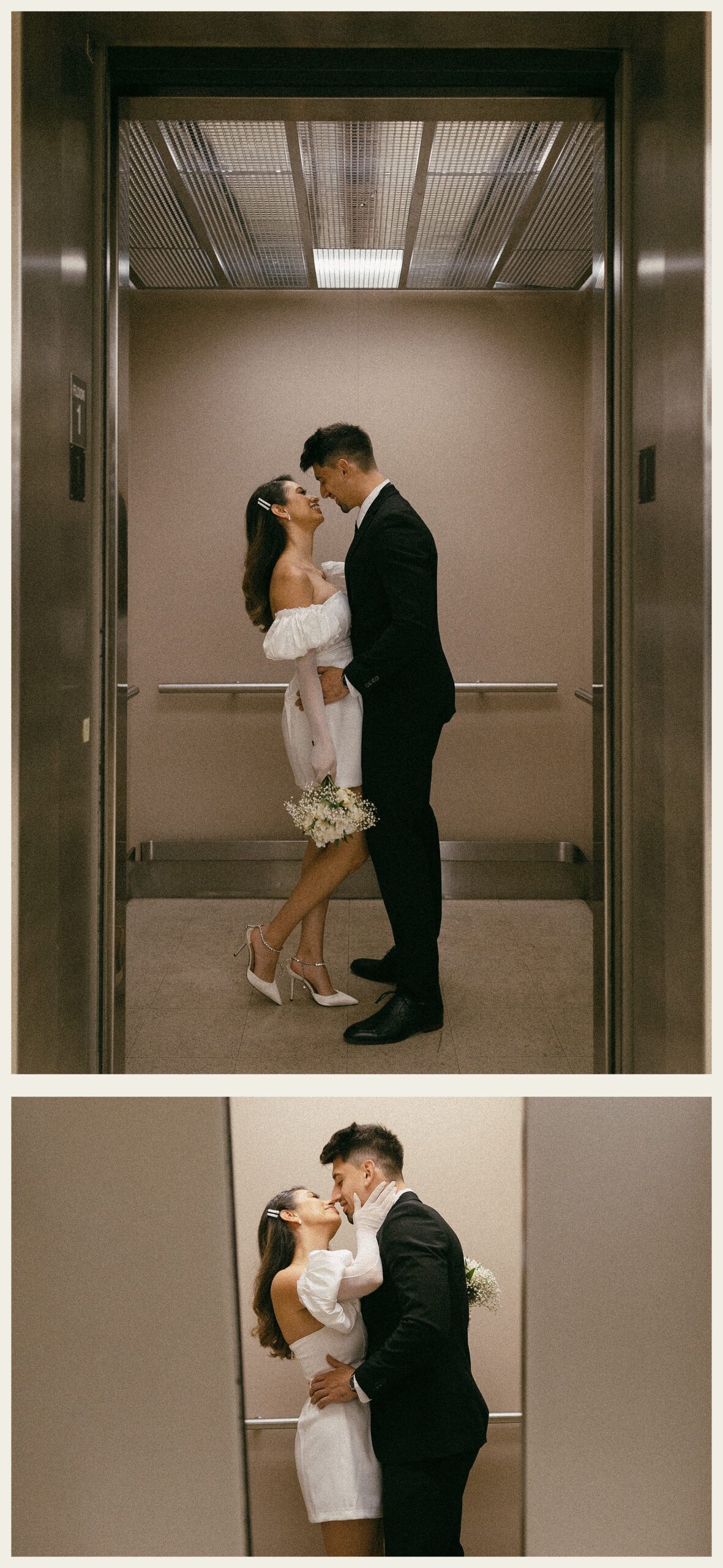 bride and groom in elevator UW suzzallo library 