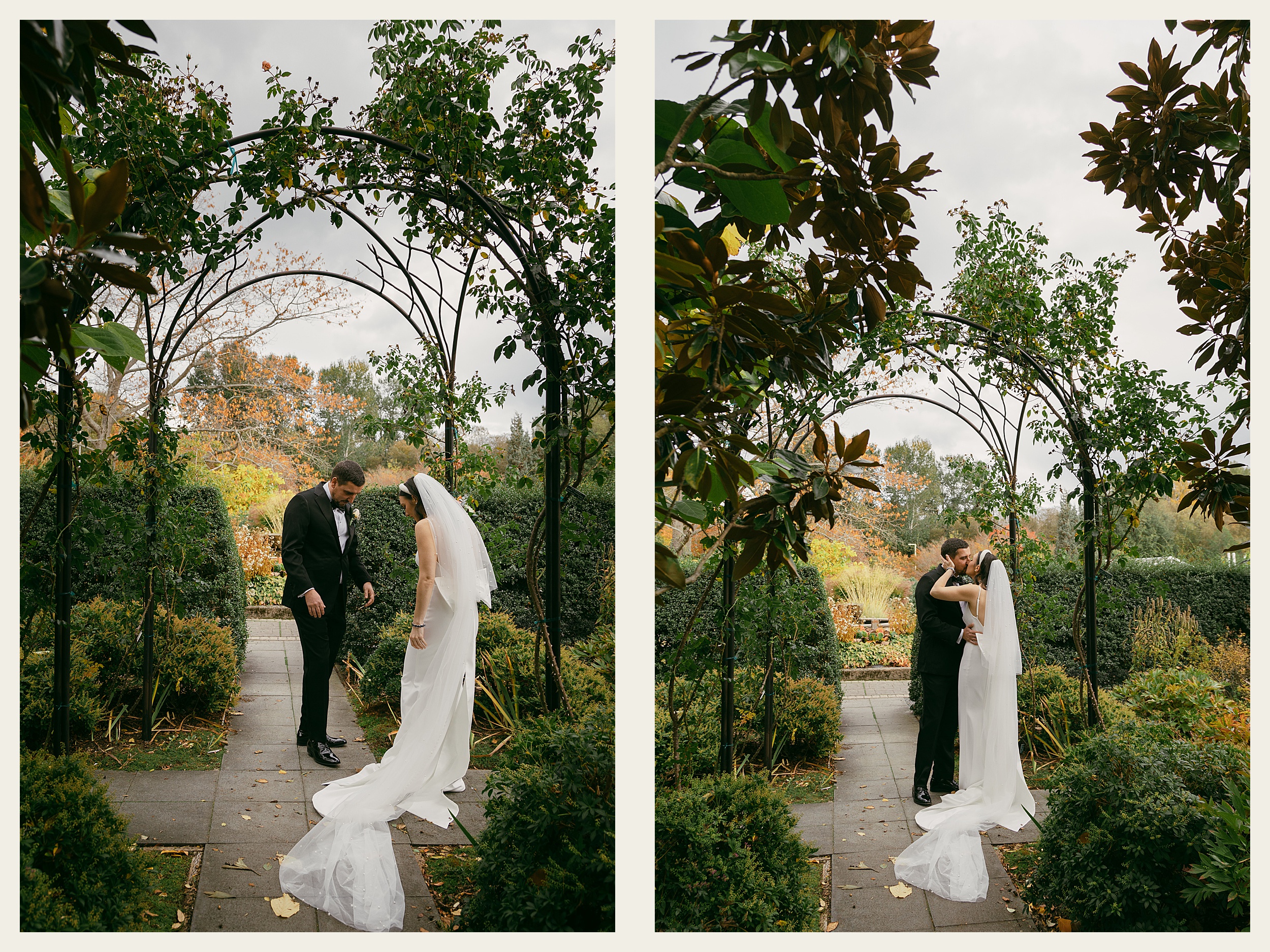 bride and groom kissing UW horticulture center 

