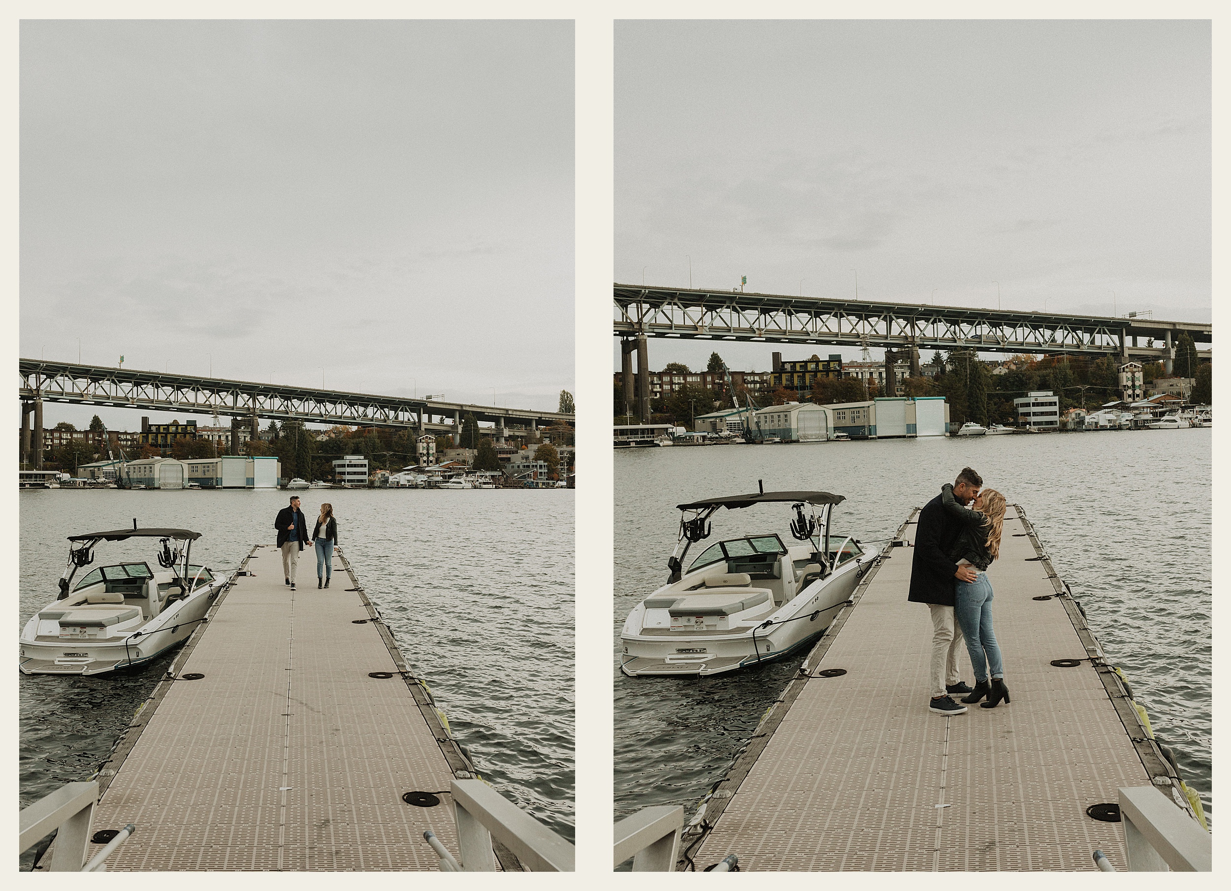 couple kissing on boat dock
