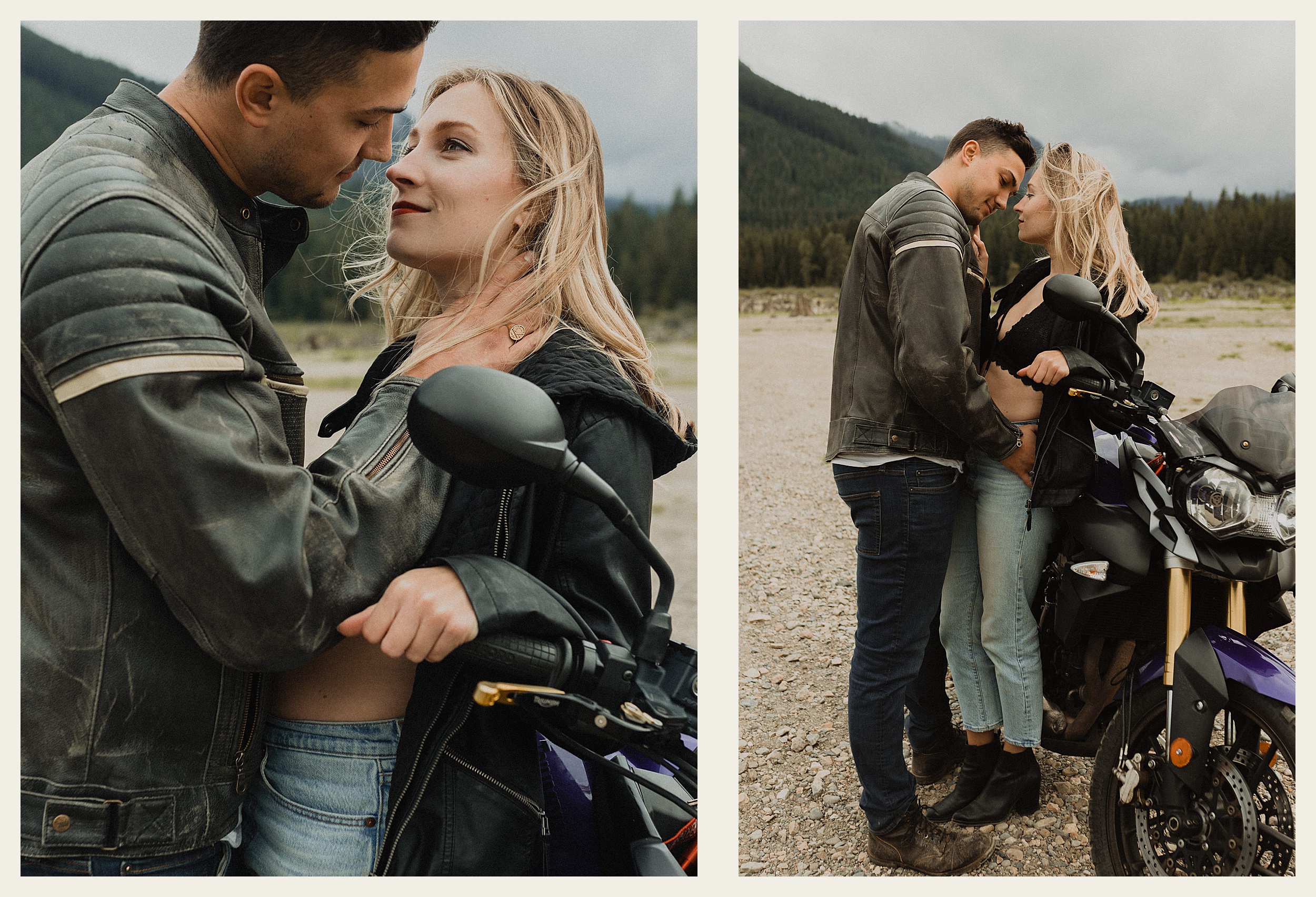 couple kissing against motorcycle