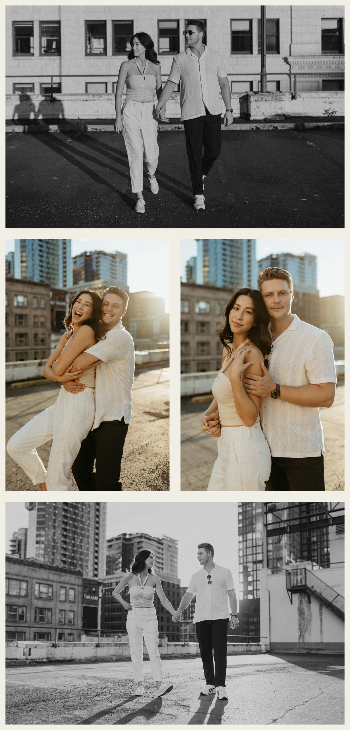 sunset engagement photos on seattle rooftop