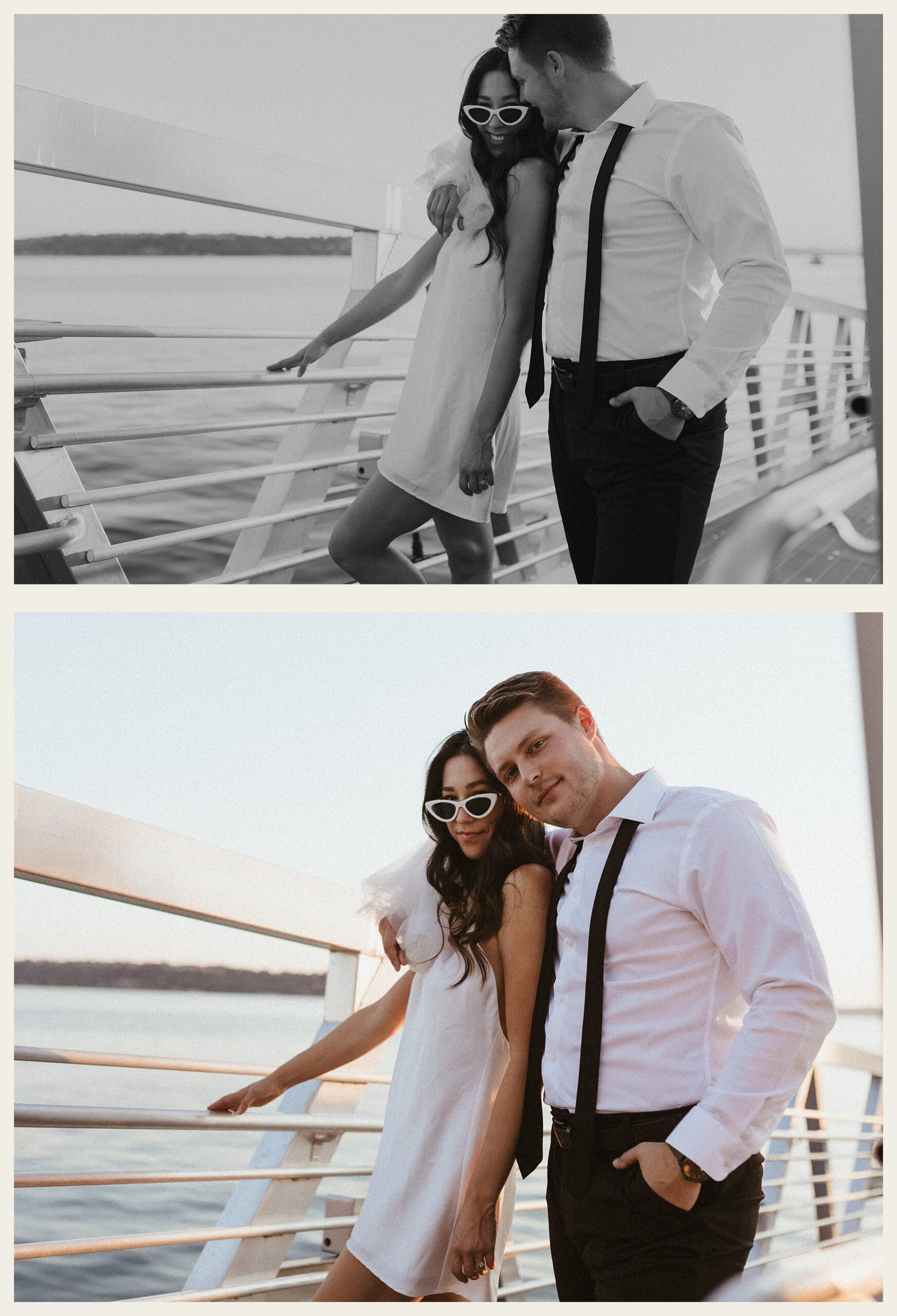 bride and groom posing on boat dock