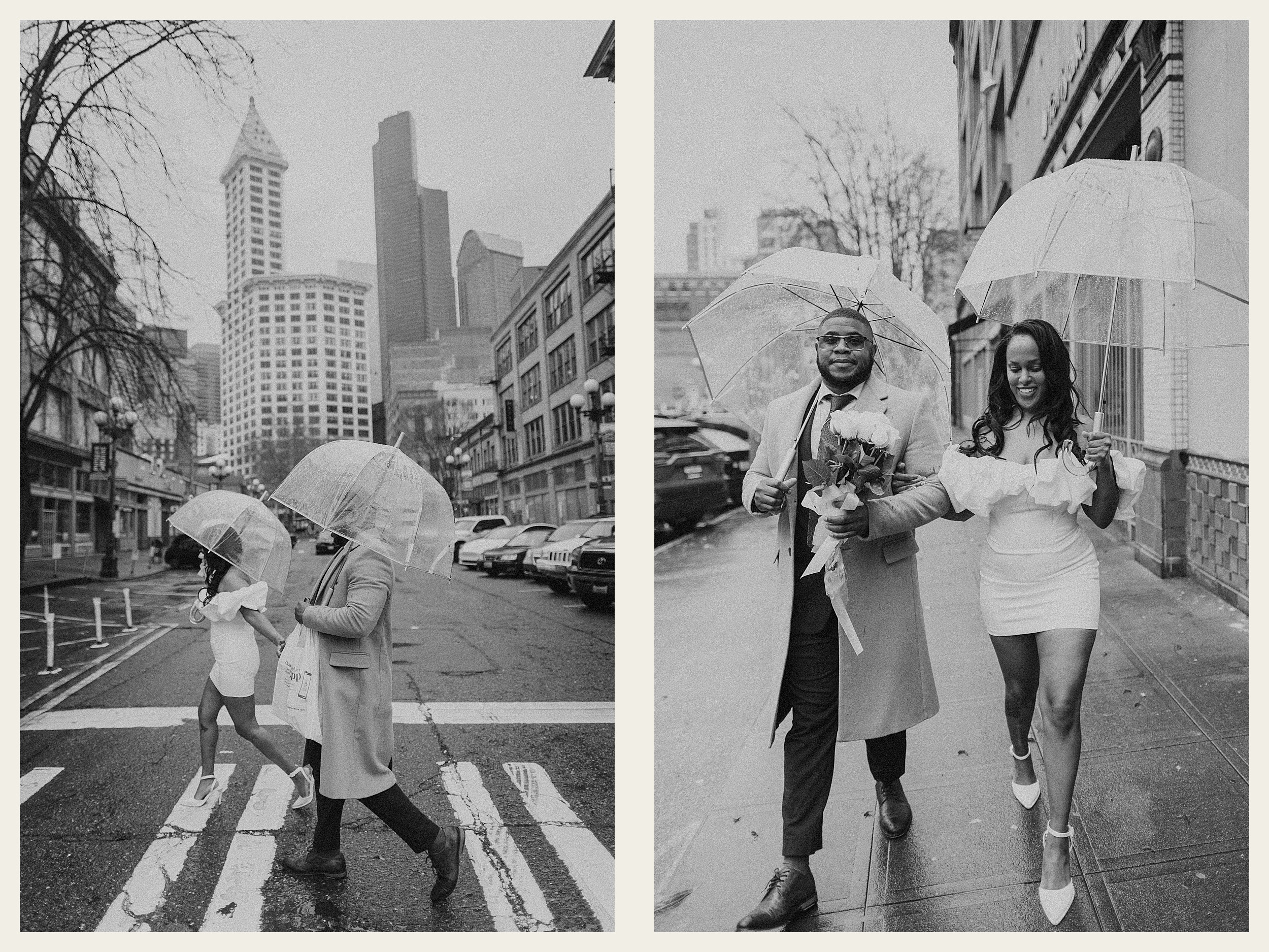 bride and groom walking in city in the rain