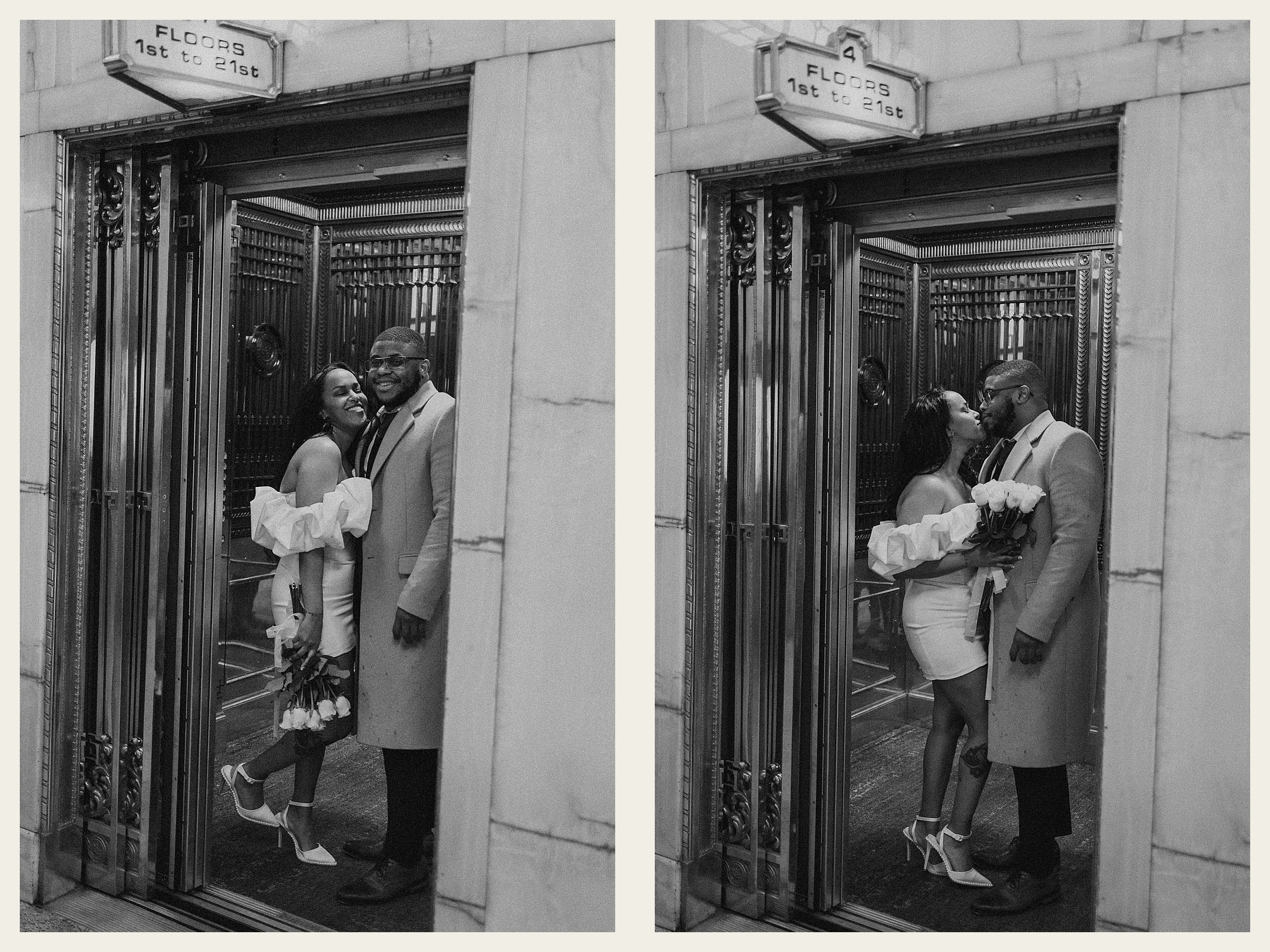 bride and groom kissing in elevator