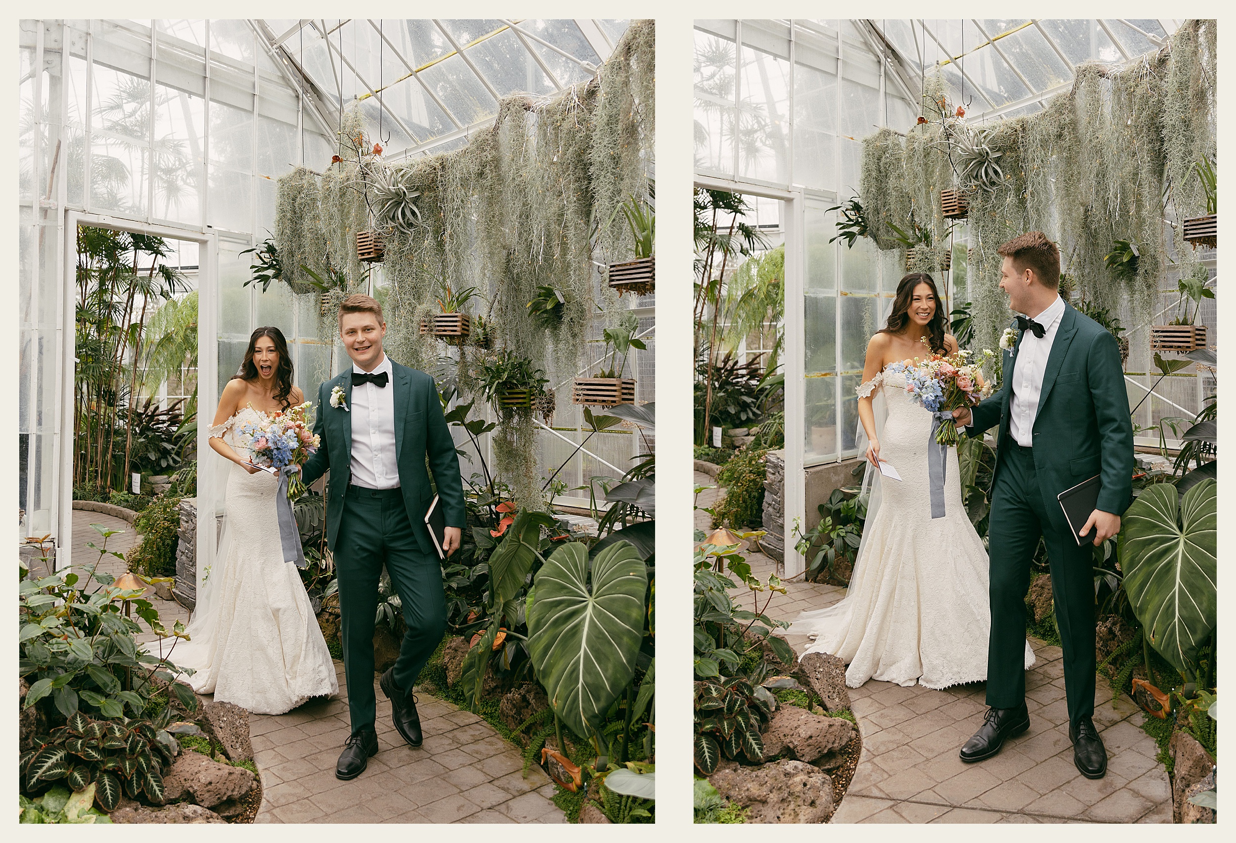 bride and groom walking through conservatory