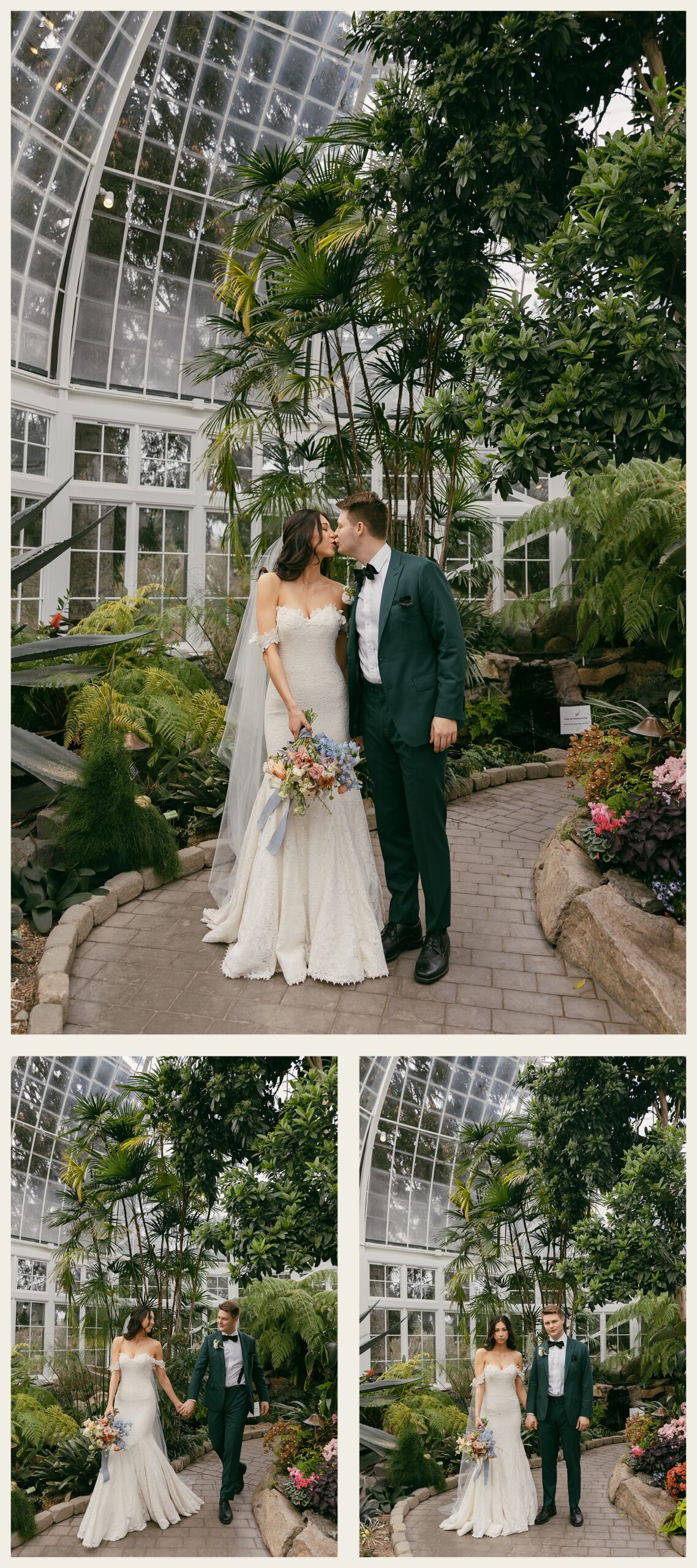bride and groom kissing in conservatory
