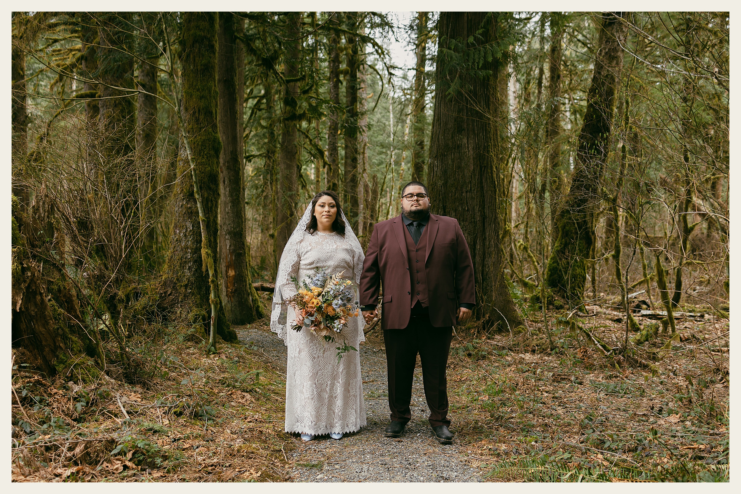 bride and groom in forest