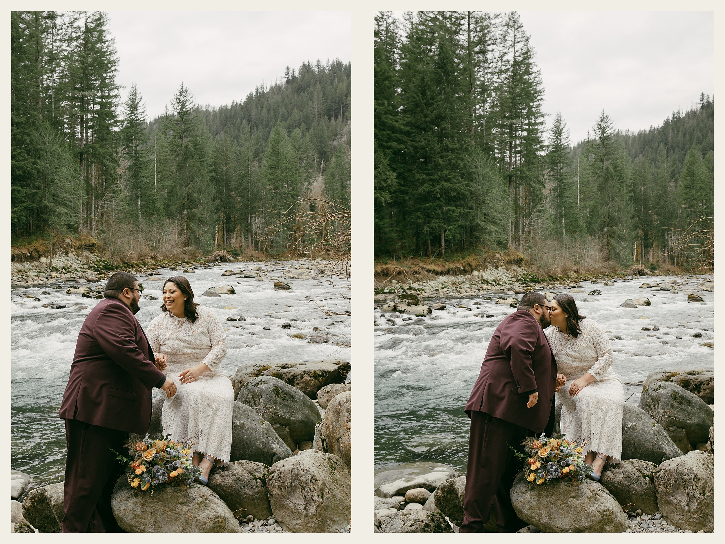 bride and groom sitting by river