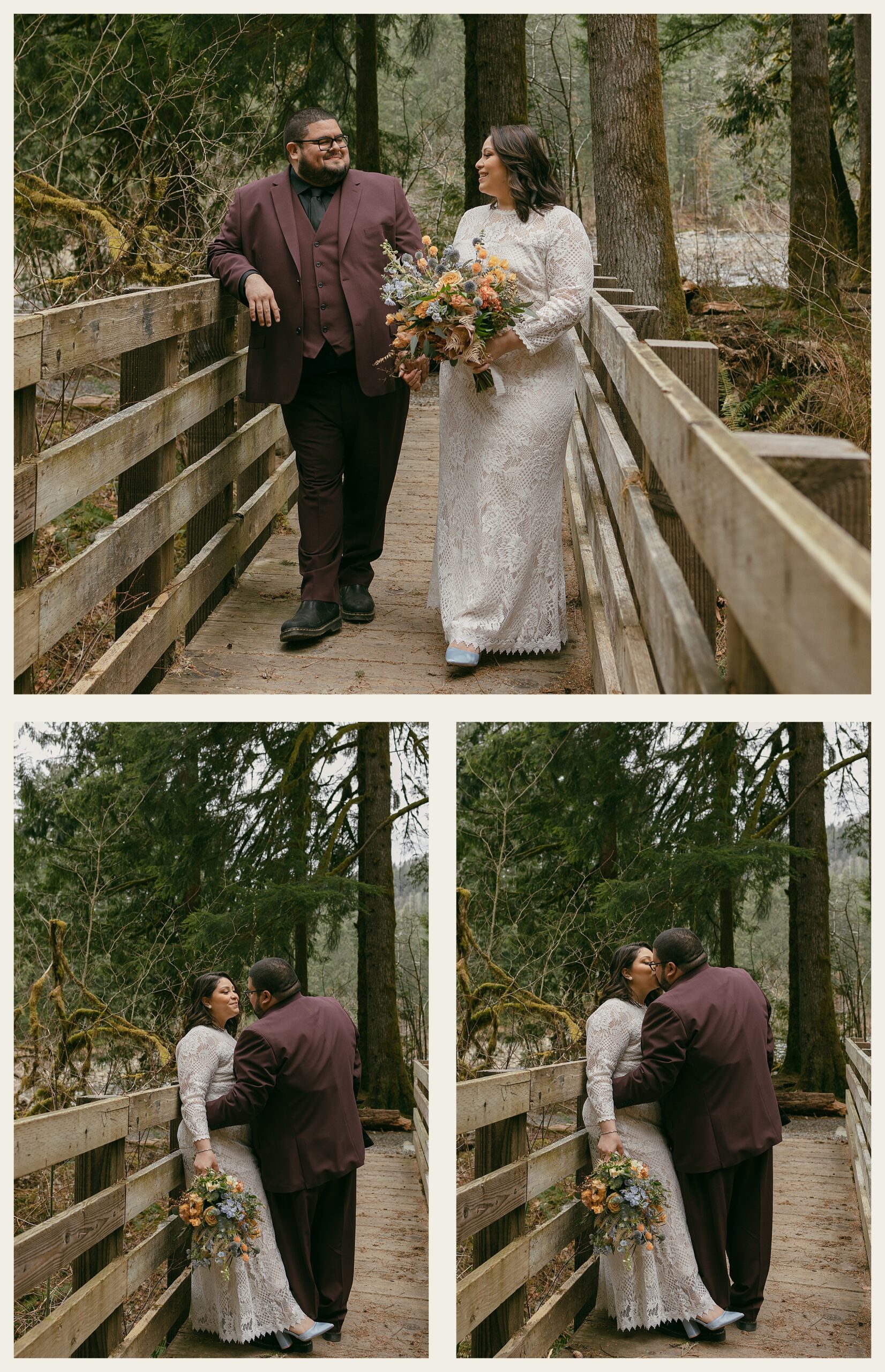bride and groom walking on bridge