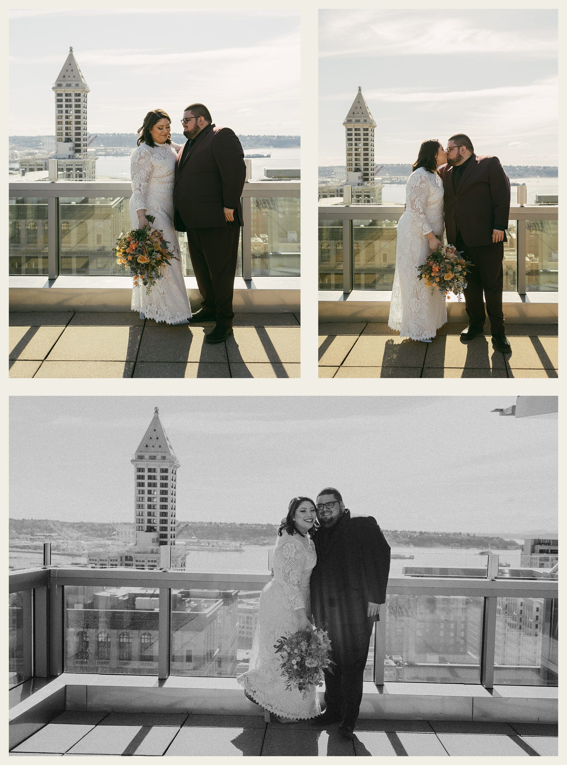 bride and groom at top of smith tower