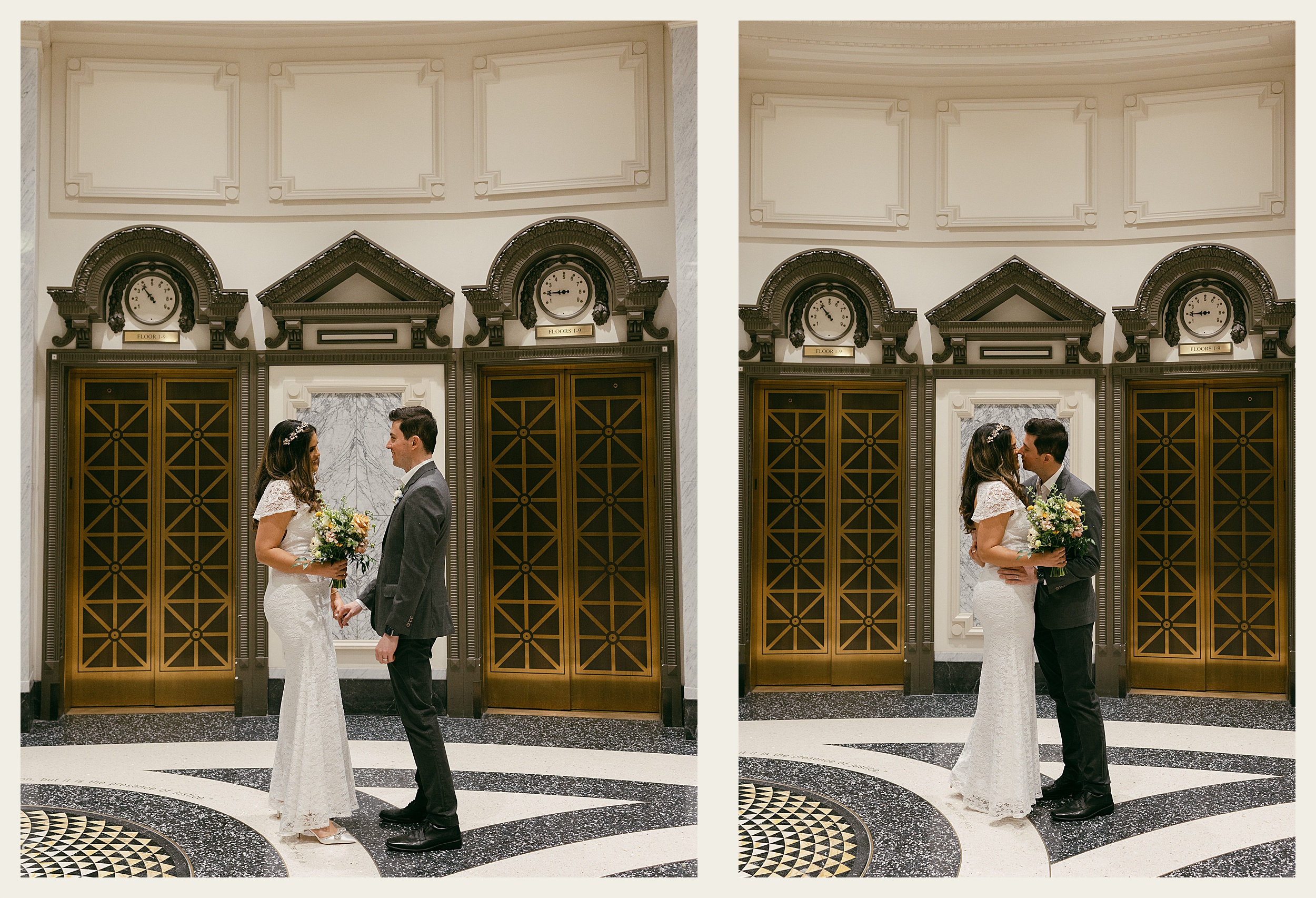 bride and groom kissing by elevator