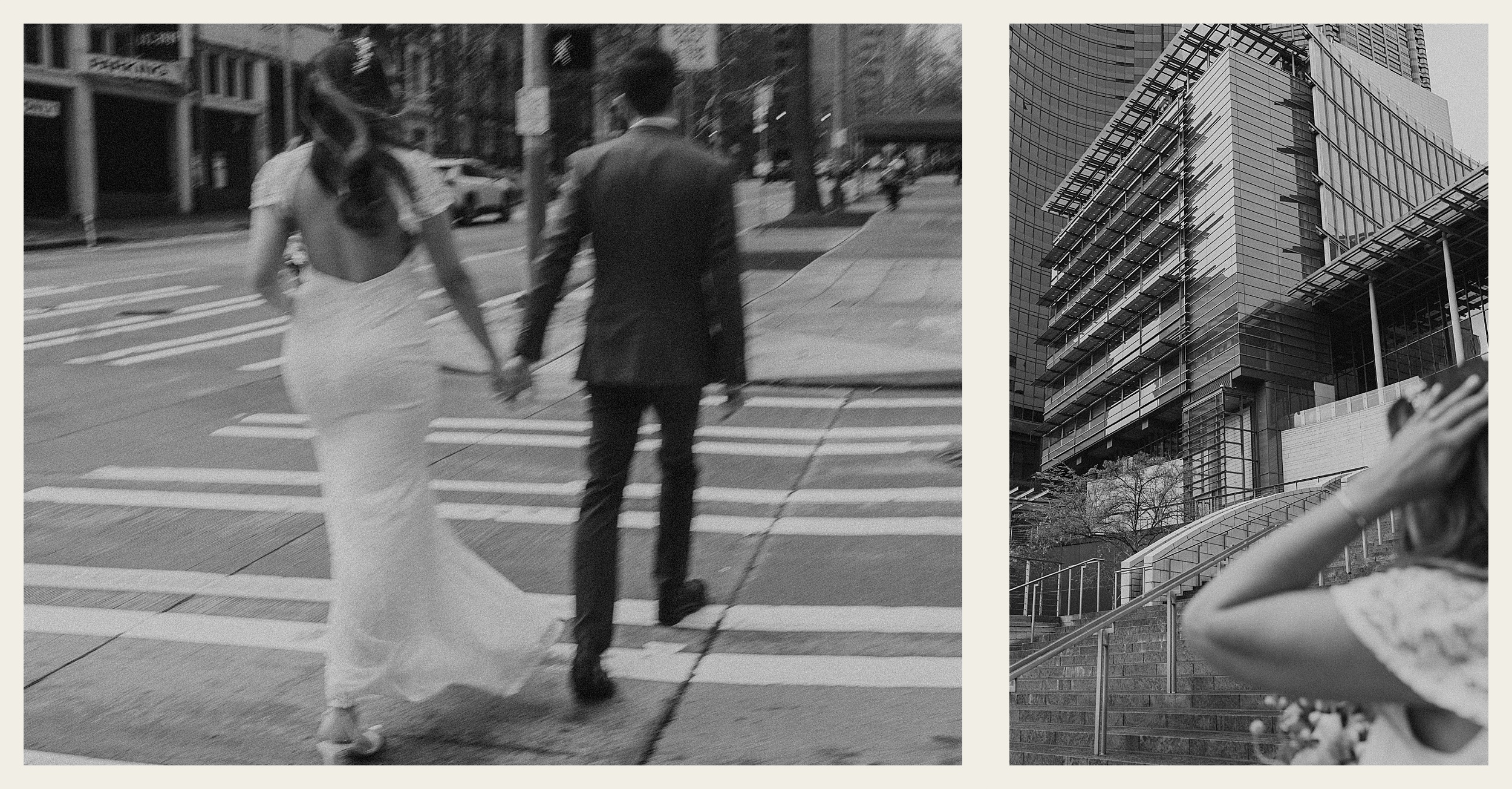 bride and groom walking across crosswalk