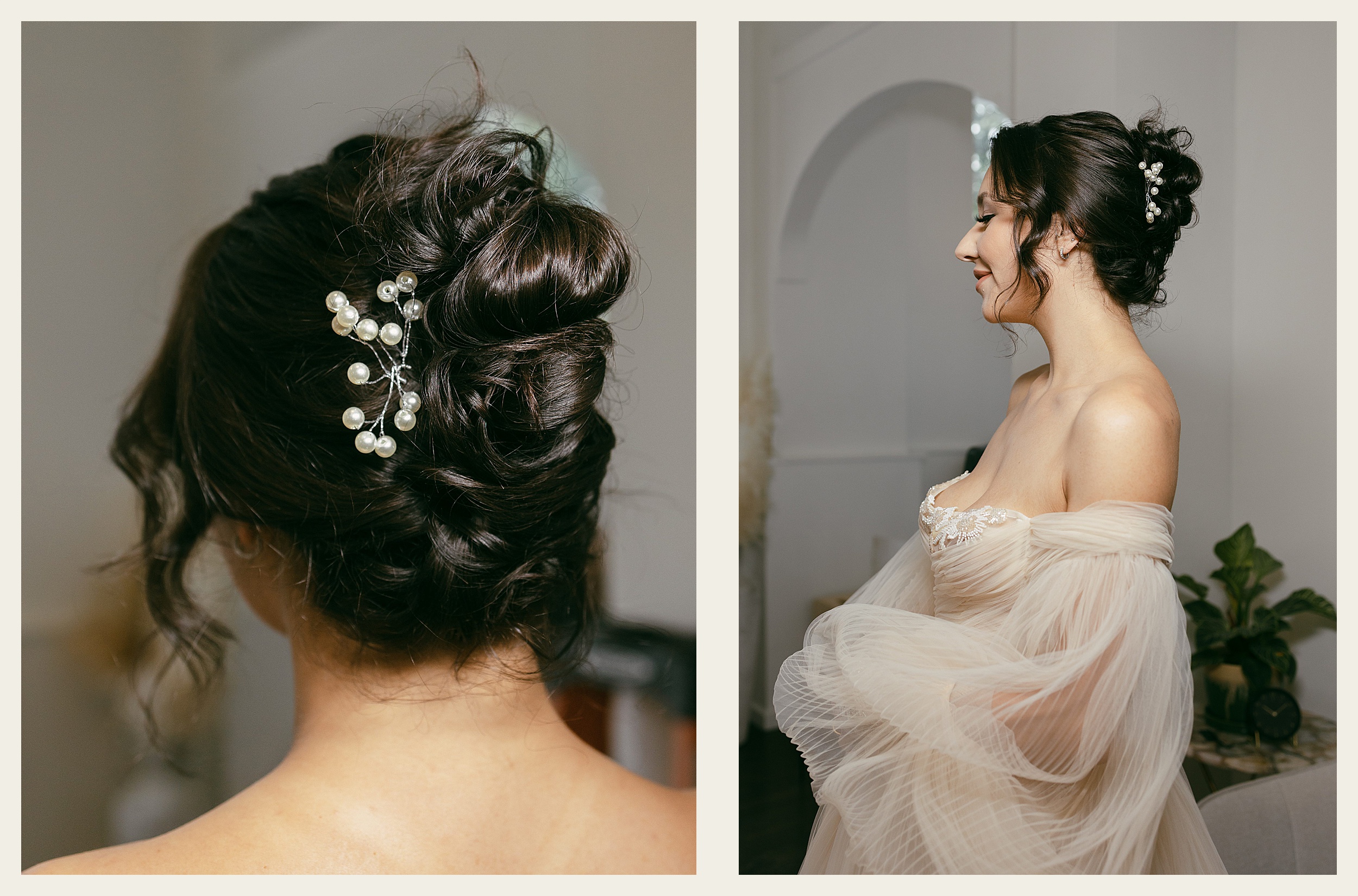 elegant bridal updo with pearl hairpiece