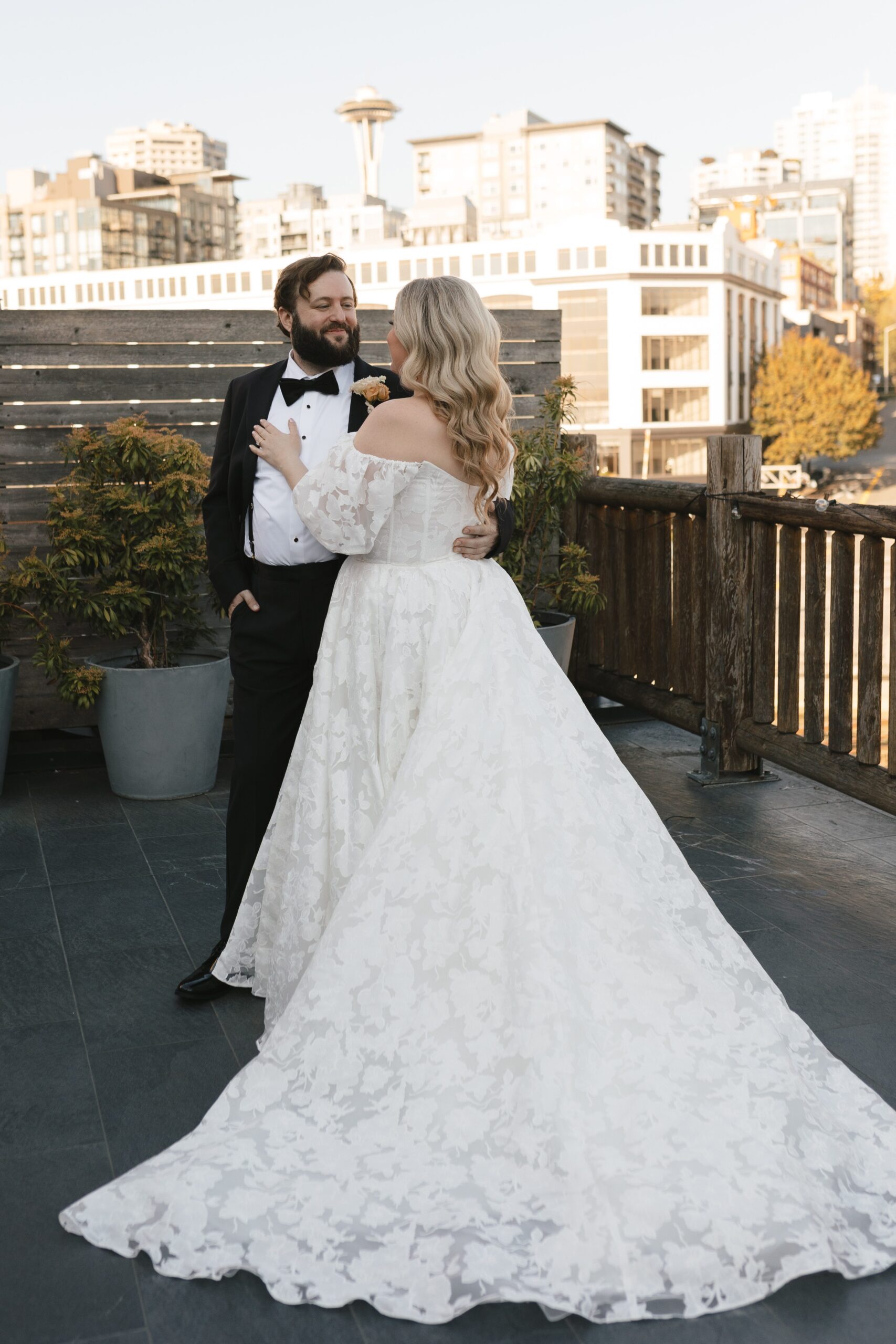bride and groom first look at the edgewater hotel